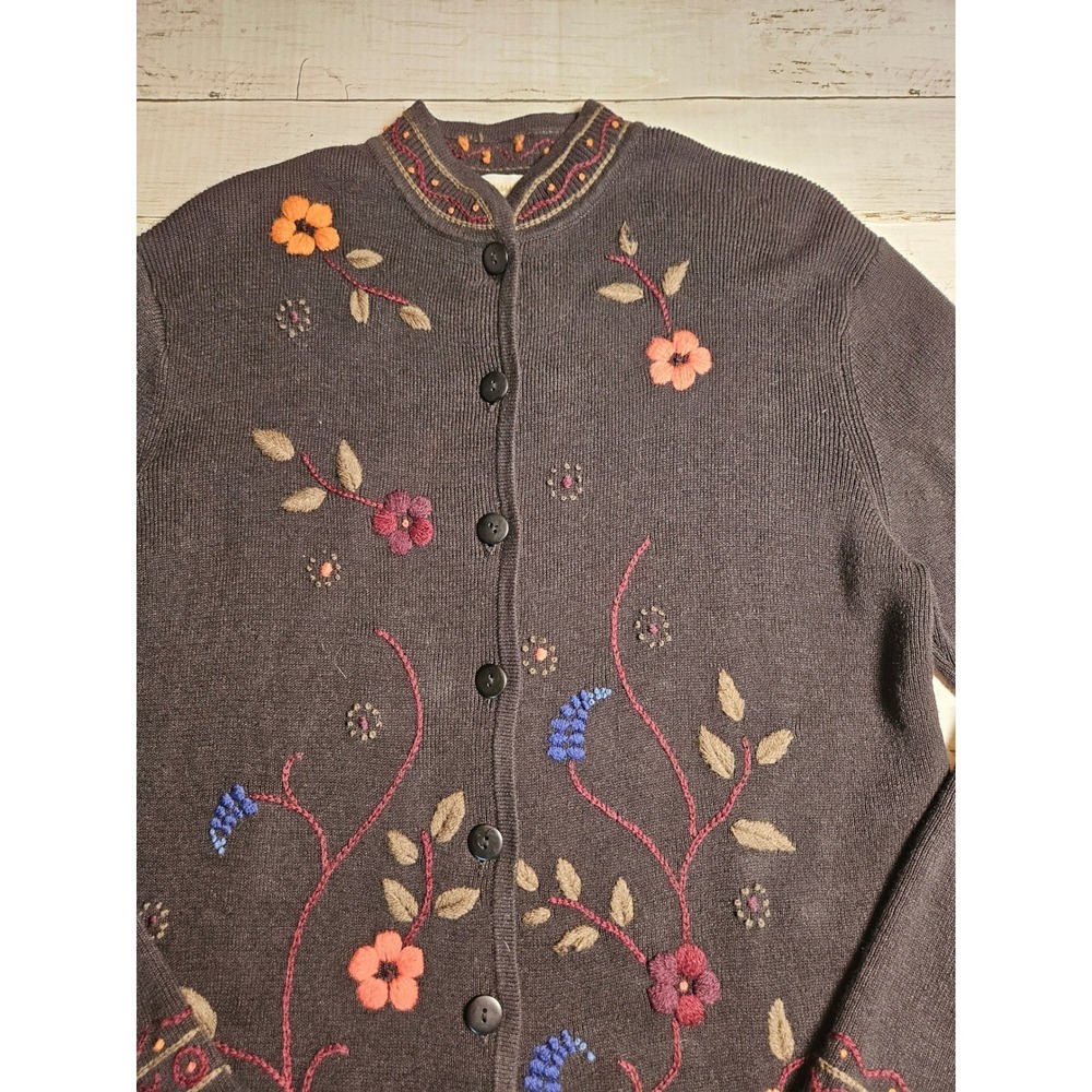 Coldwater Creek Floral Embroidered Cardigan Sweater Black Ramie Cotton Womens M